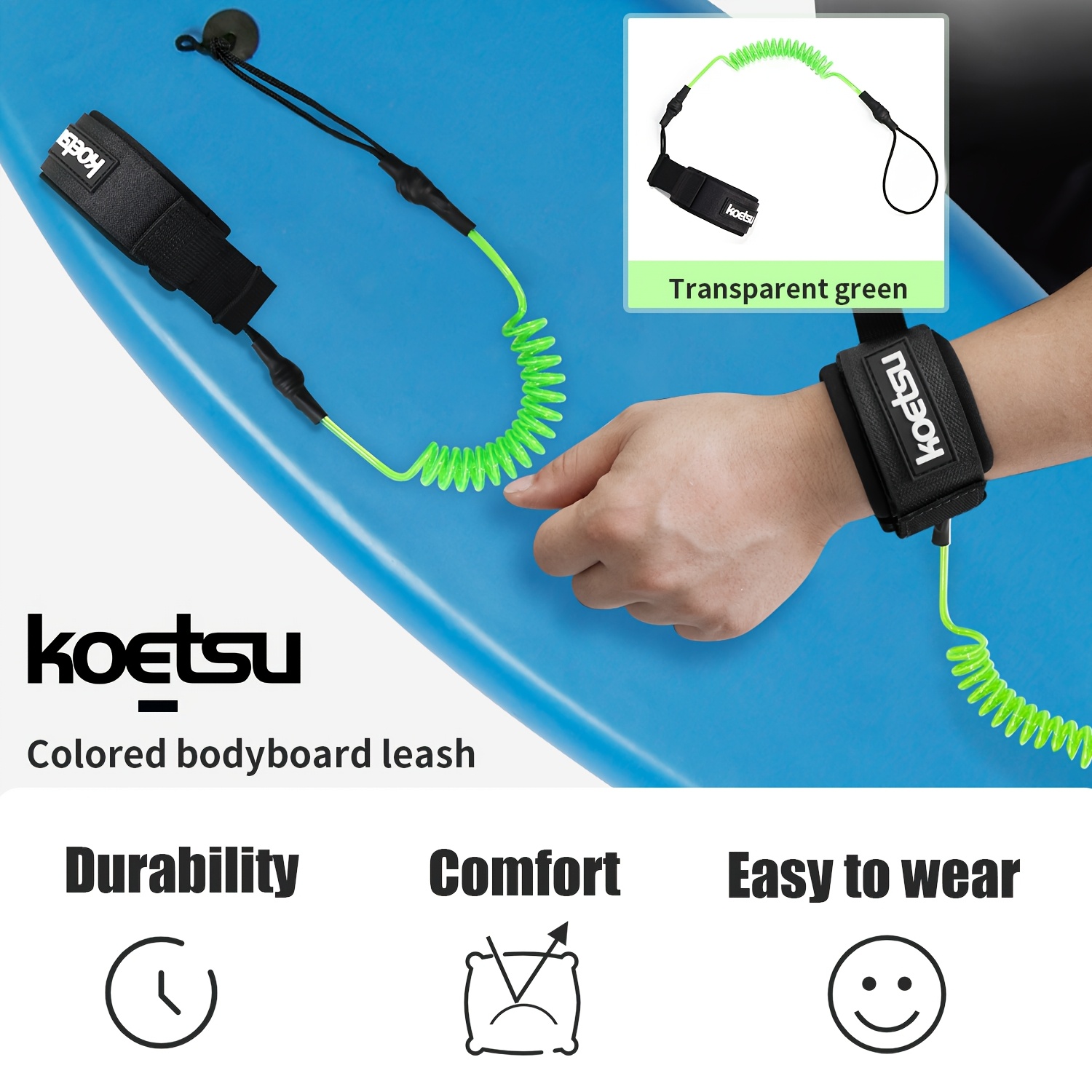 Surfboard Leash - สายรัดข้อมือสำหรับเล่นบอดี้บอร์ด KOETSU, สายรัดข้อมือสำหรับเล่นเซิร์ฟแบบขดขนาด 5 มม. ทำจาก