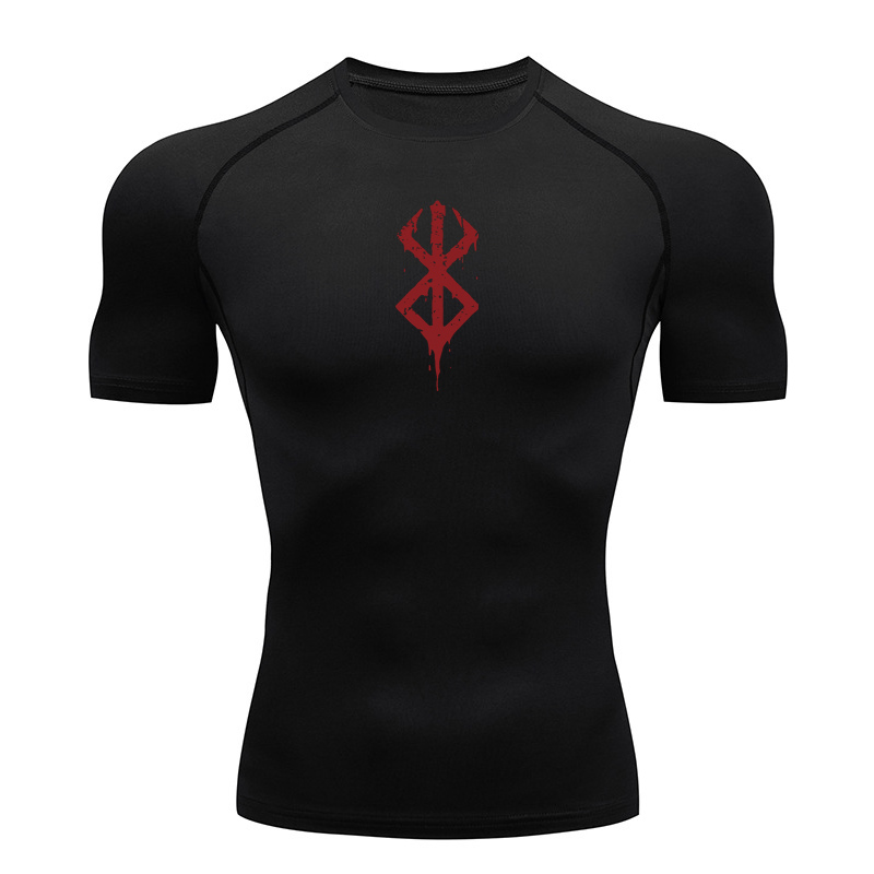 Rash Guard - เสื้อคอมเพรสชันพิมพ์ลายสำหรับผู้ชาย เสื้อแขนสั้นกันแดดสำหรับฤดูร้อน เสื้อยืดออกกำลังกาย เสื้อเบสเลเยอร์แห้งเร็วสำหรับเล่นกีฬา